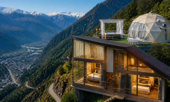 Nirvana Hamta Retreat glass cottages overlooking Manali valley