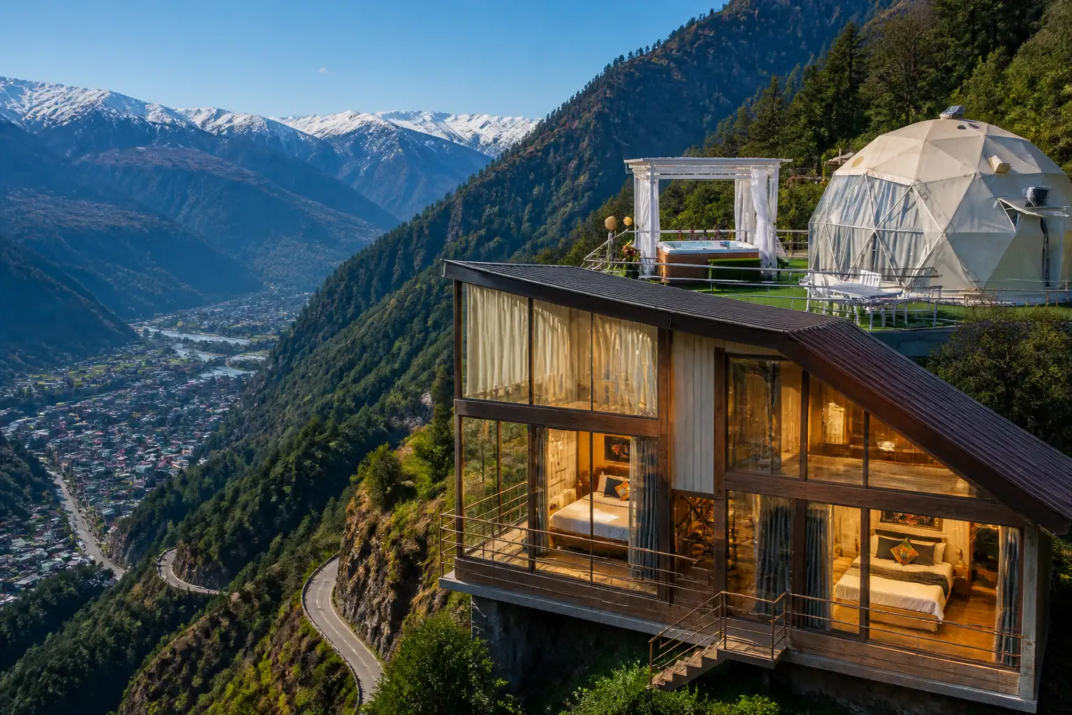 Nirvana Hamta Retreat glass cottages overlooking Manali valley